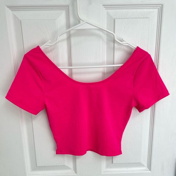 DECREE Hot Pink Scoop Neck Short Sleeve Cropped Top Women’s Size S - Picture 2 of 5